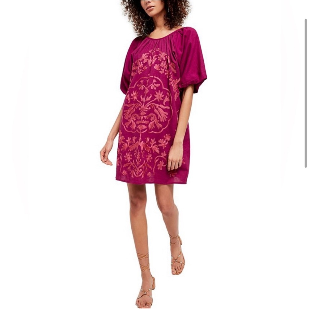 NWT Free People Fiona Embroidered Mini Dress, Bright Plum, Size Small